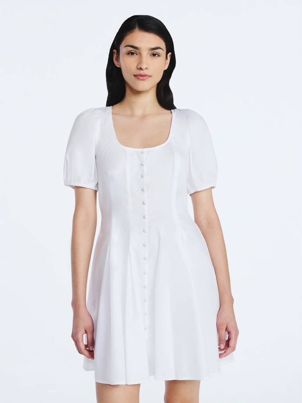 White Puff-Sleeve Mini Dress with Button Front